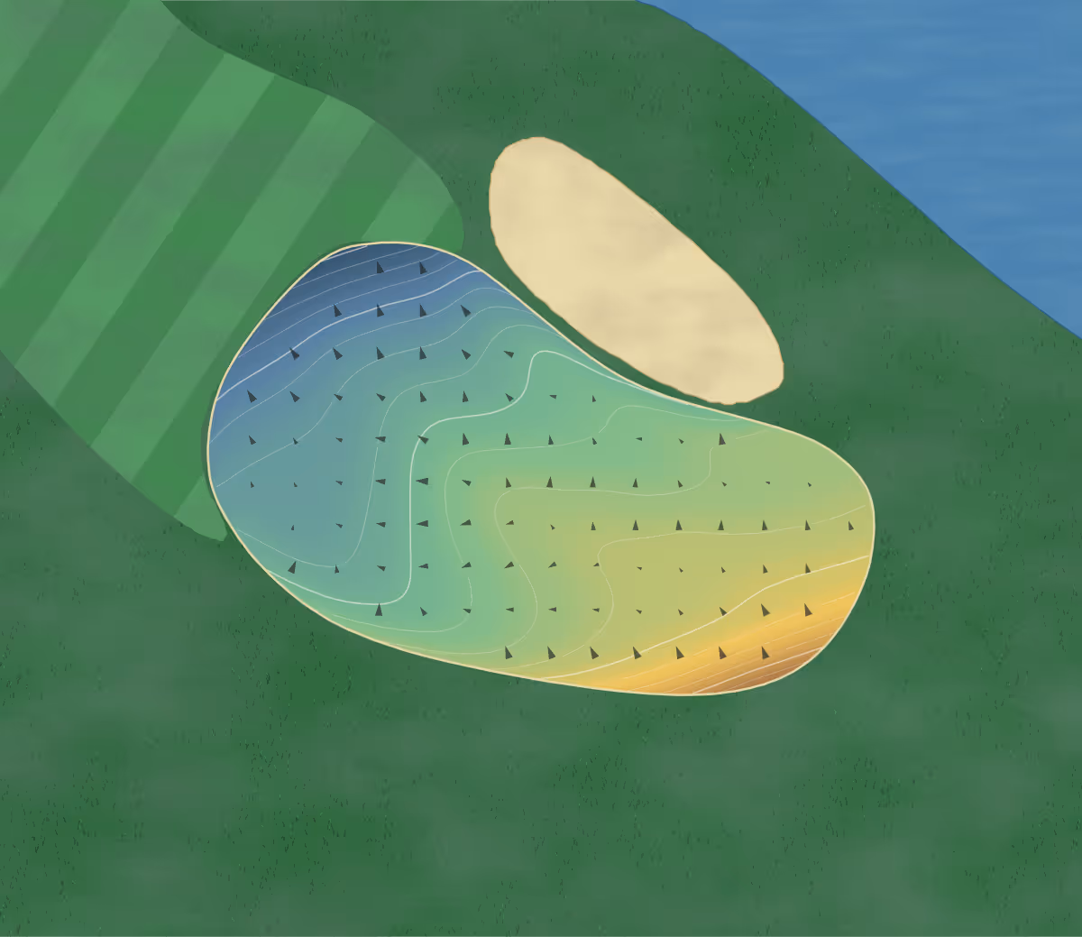 Green contour map of Pleasant Valley Sports in Clermont, Iowa: 118 elevation contours at a 3-inch interval with fall-line arrows, traced from 1-meter lidar