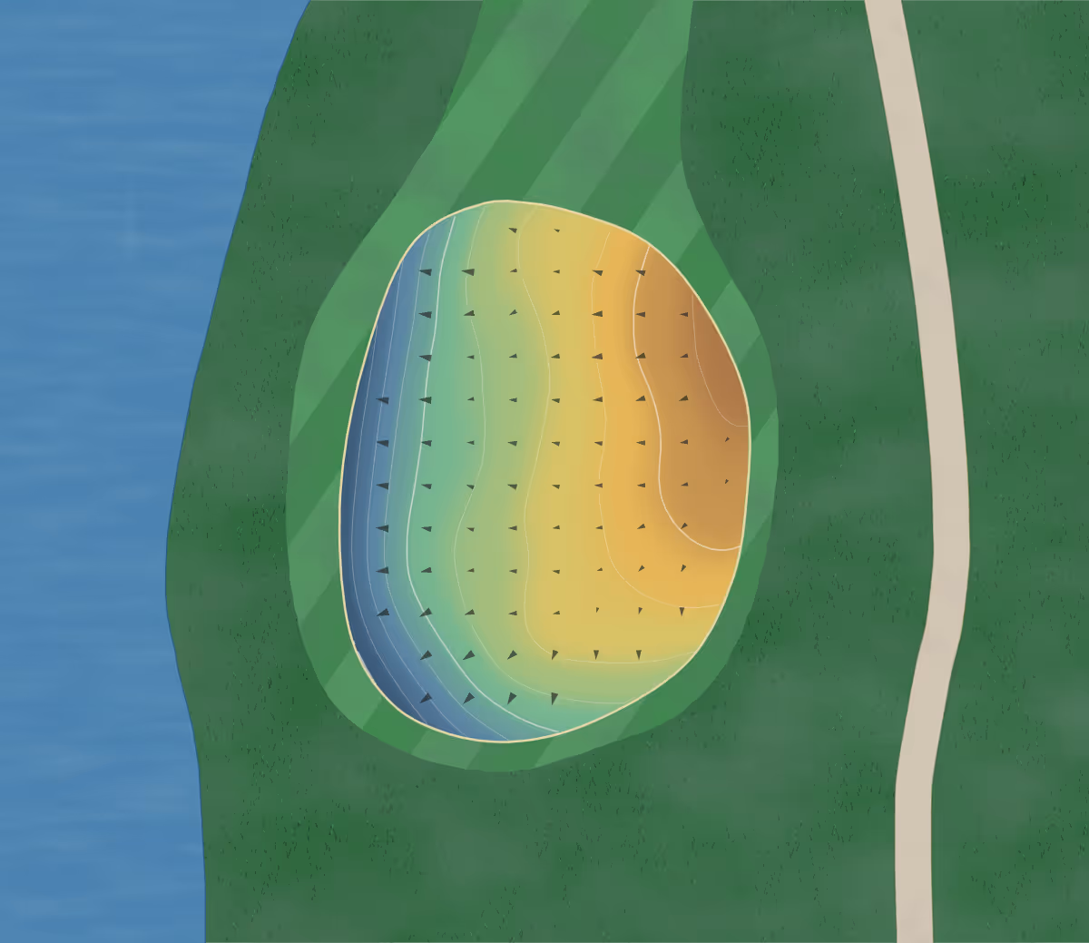 Green contour map of Pleasantville Golf in Pleasantville, Iowa — 71 elevation contours at a 3-inch interval with fall-line arrows, traced from 1-meter lidar