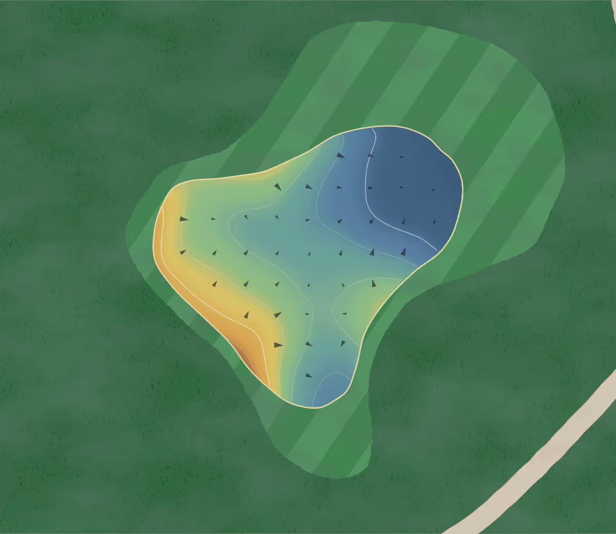 Green contour map of Plum Creek in Kyle, Texas — 6 elevation contours at a 3-inch interval with fall-line arrows, traced from 1-meter lidar
