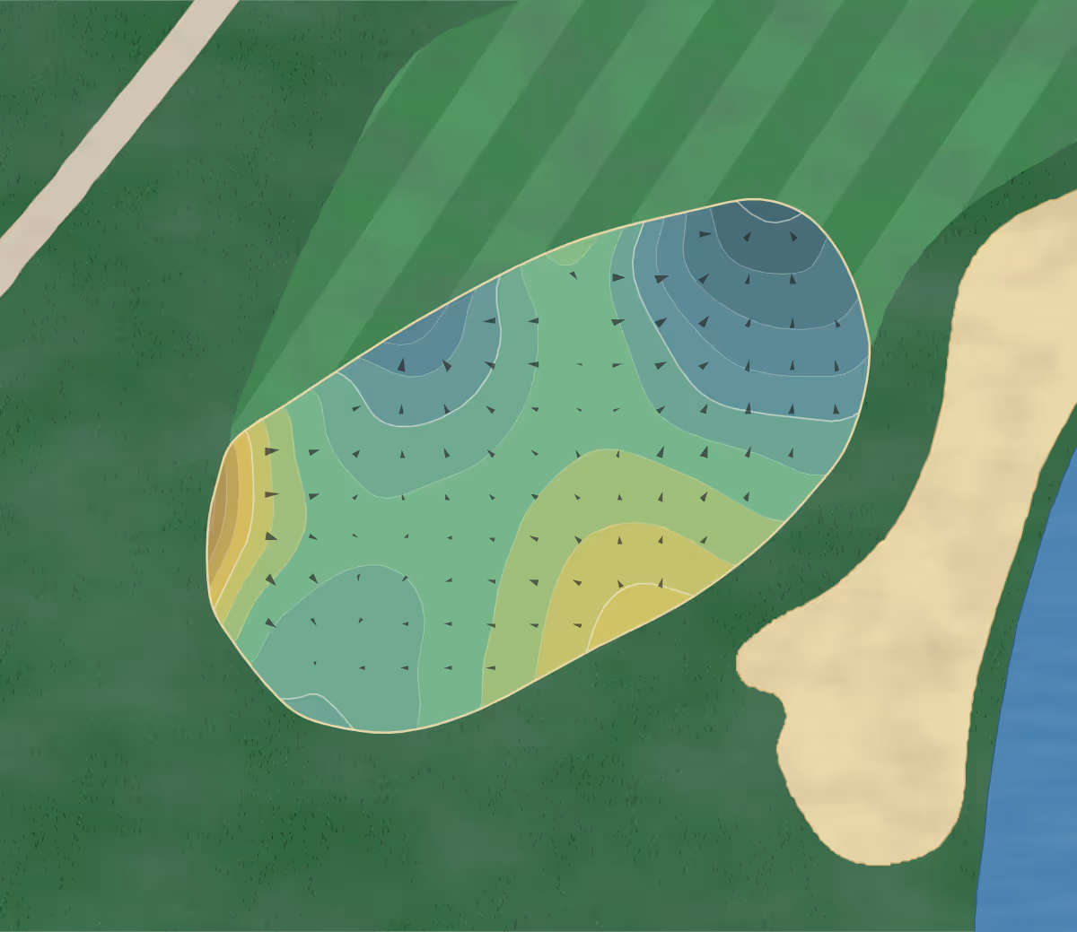 Green contour map of Plum Creek in Carmel, Indiana — 158 elevation contours at a 3-inch interval with fall-line arrows, traced from 1-meter lidar
