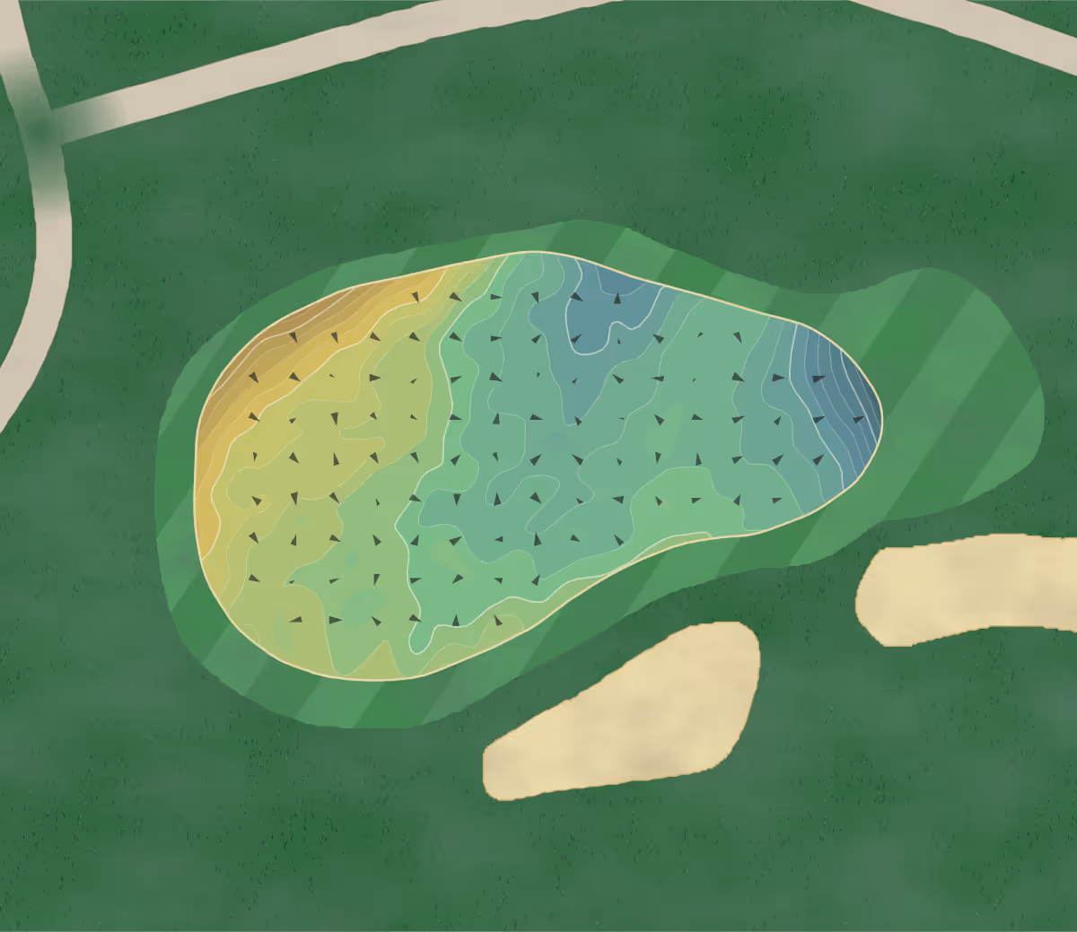 Green contour map of Pocasset GC in Pocasset, Massachusetts — 212 elevation contours at a 3-inch interval with fall-line arrows, traced from 1-meter lidar