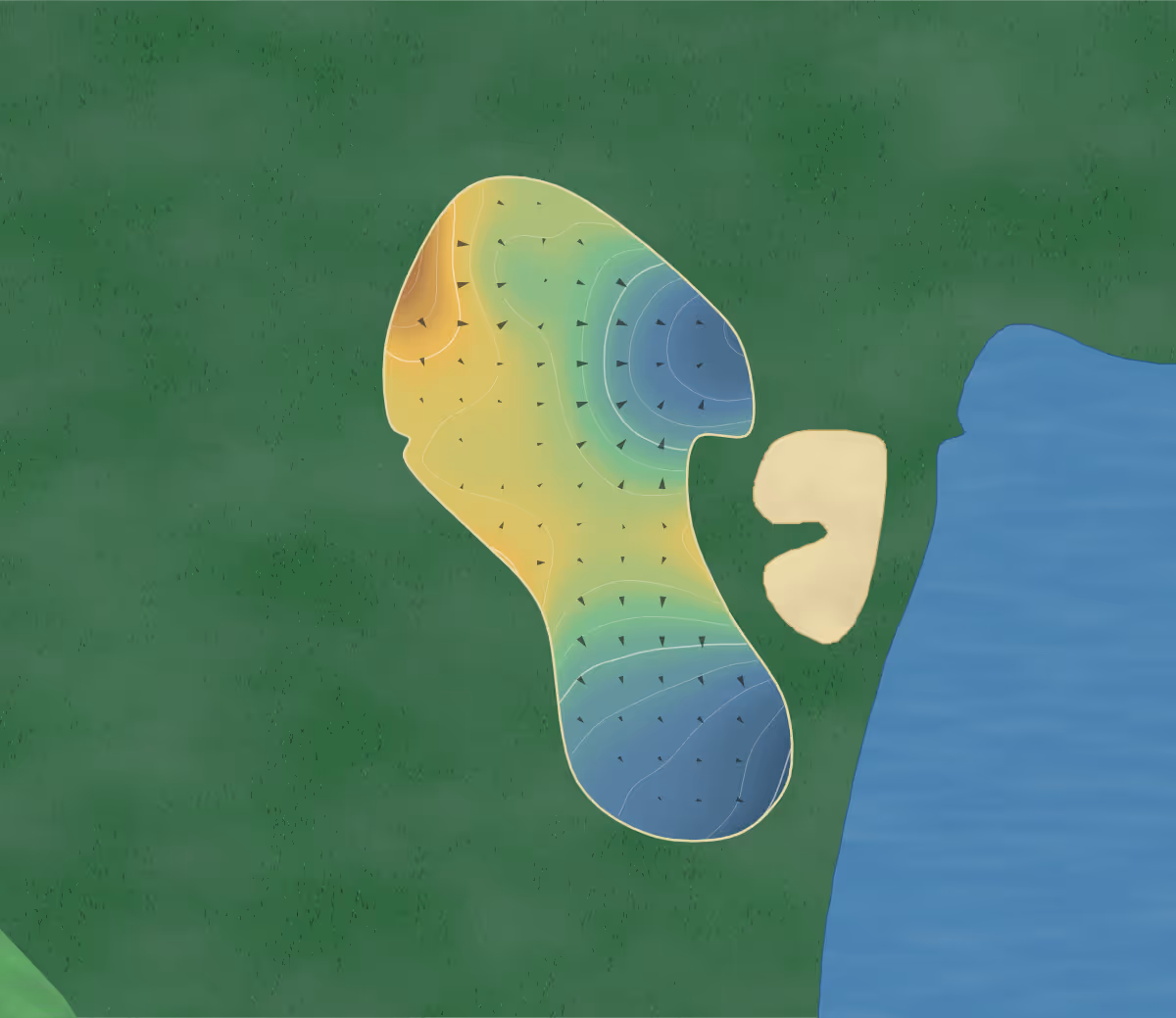 Green contour map of Point Mallard in Decatur, Alabama: 183 elevation contours at a 3-inch interval with fall-line arrows, traced from 1-meter lidar