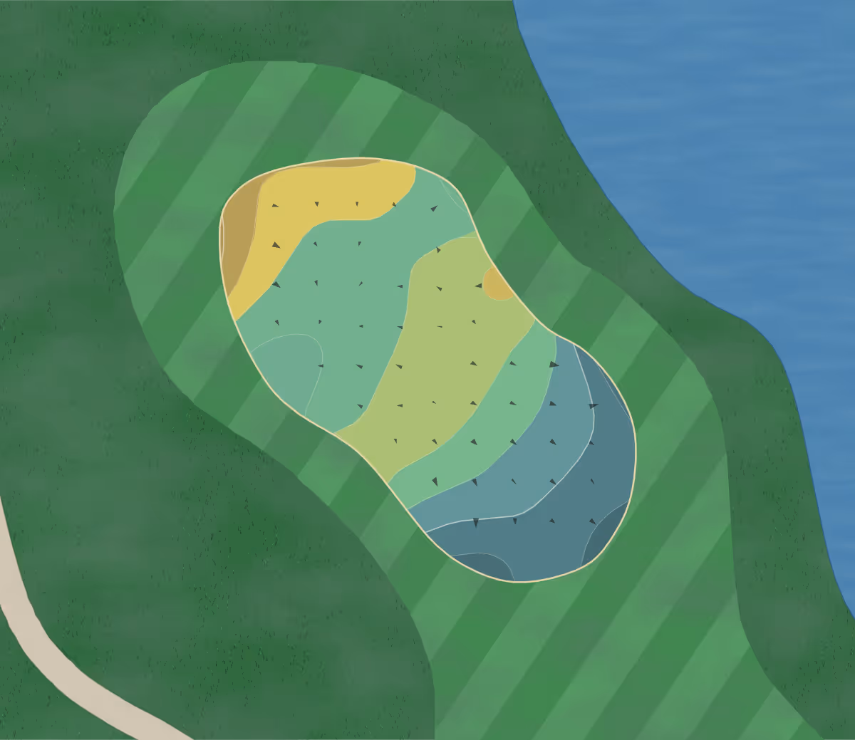 Green contour map of Pointe West in Vero Beach, Florida — 102 elevation contours at a 3-inch interval with fall-line arrows, traced from 1-meter lidar