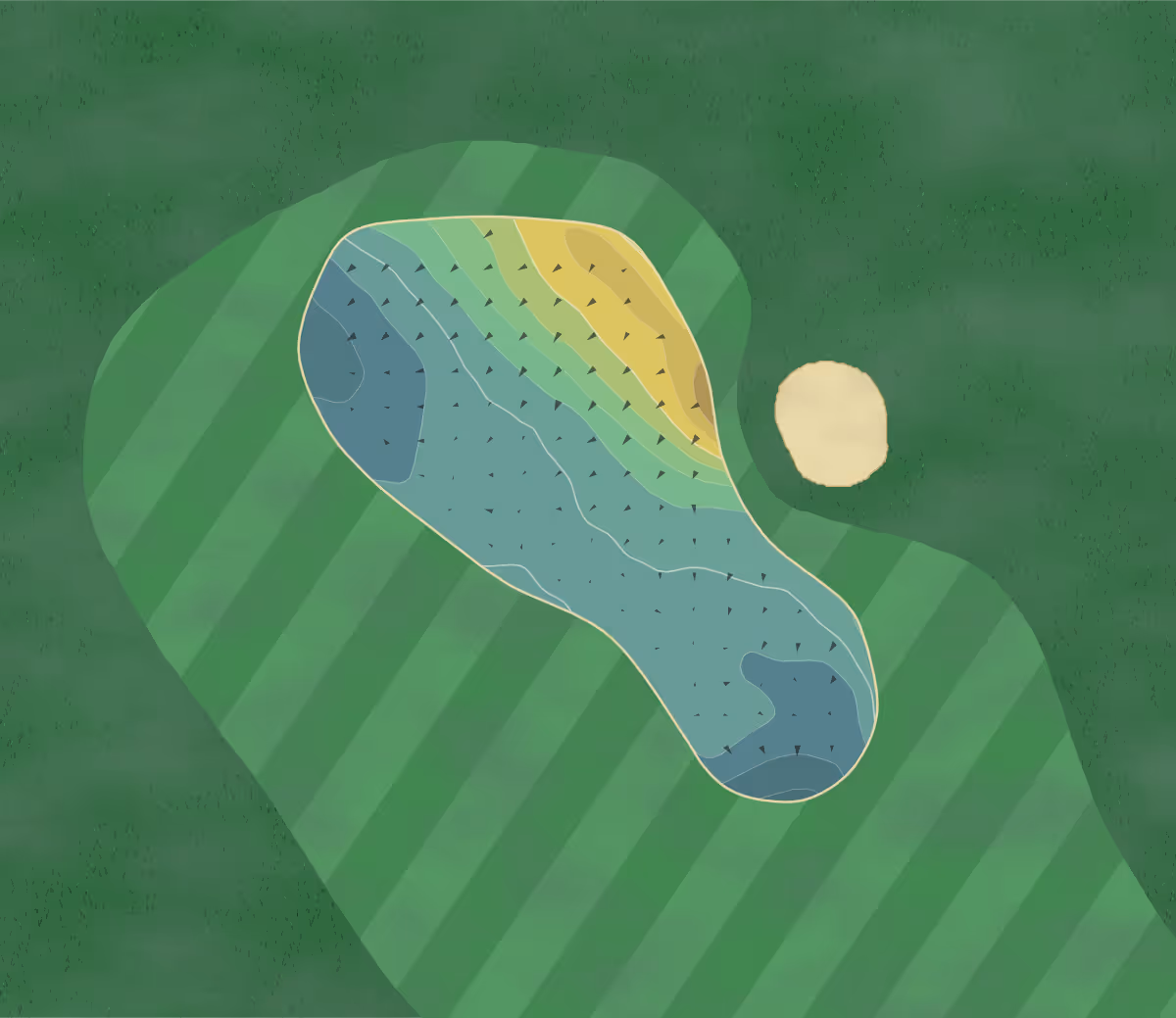 Green contour map of Pollok in Glasgow, Scotland — 151 elevation contours at a 8-centimeter interval with fall-line arrows, traced from 1-meter lidar
