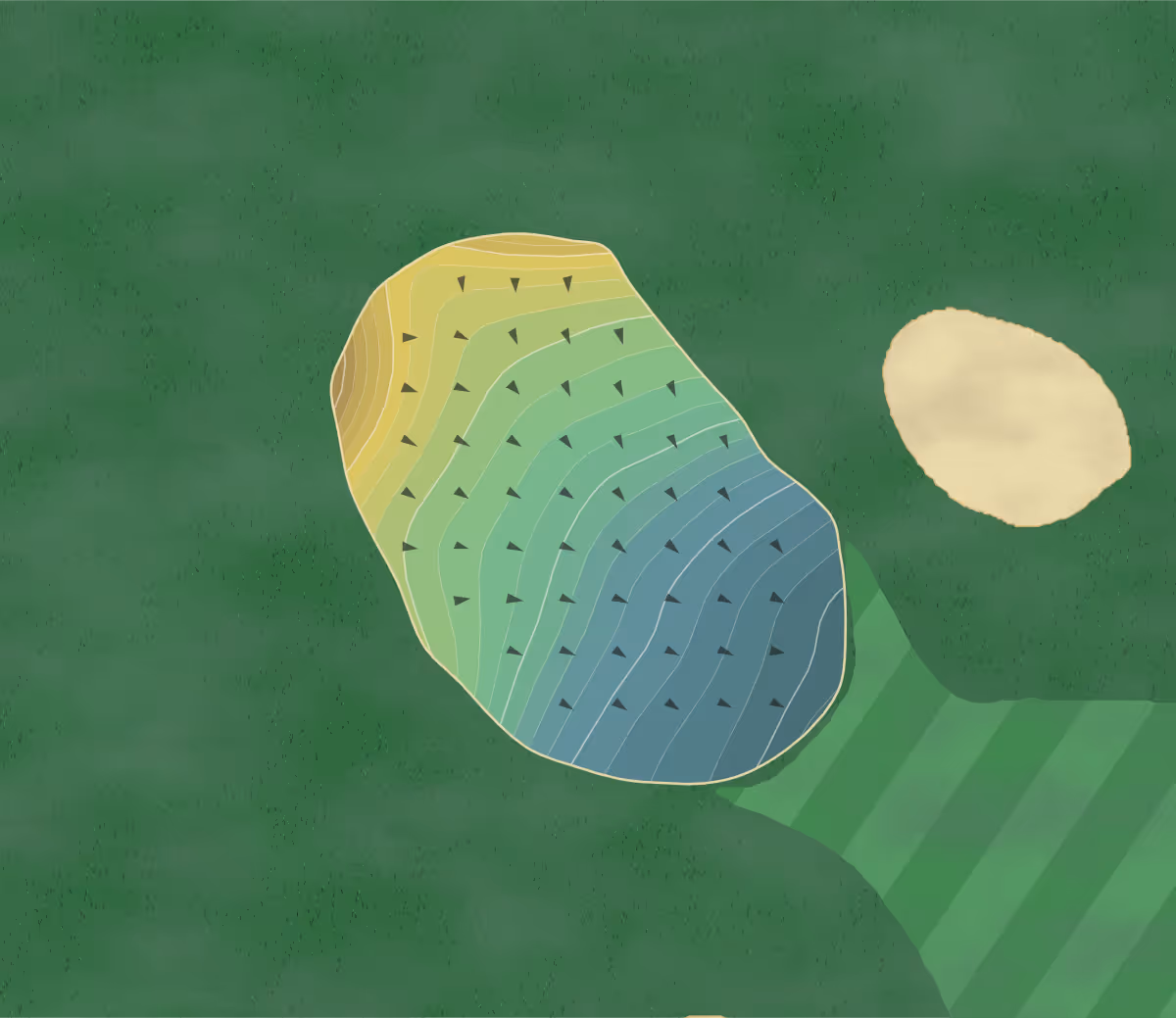 Green contour map of Polo Fields in Louisville, Kentucky — 265 elevation contours at a 3-inch interval with fall-line arrows, traced from 1-meter lidar