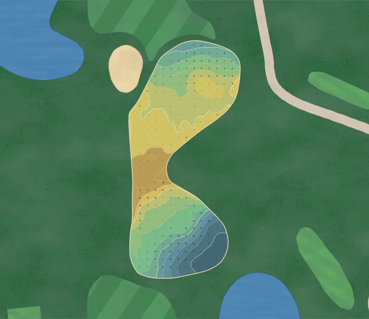 Green contour map of Pomperaug GC in Southbury, Connecticut — 94 elevation contours at a 3-inch interval with fall-line arrows, traced from 1-meter lidar