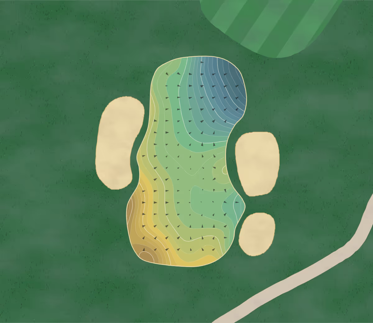 Green contour map of Ponderosa GC in Hookstown, Pennsylvania — 333 elevation contours at a 3-inch interval with fall-line arrows, traced from 1-meter lidar