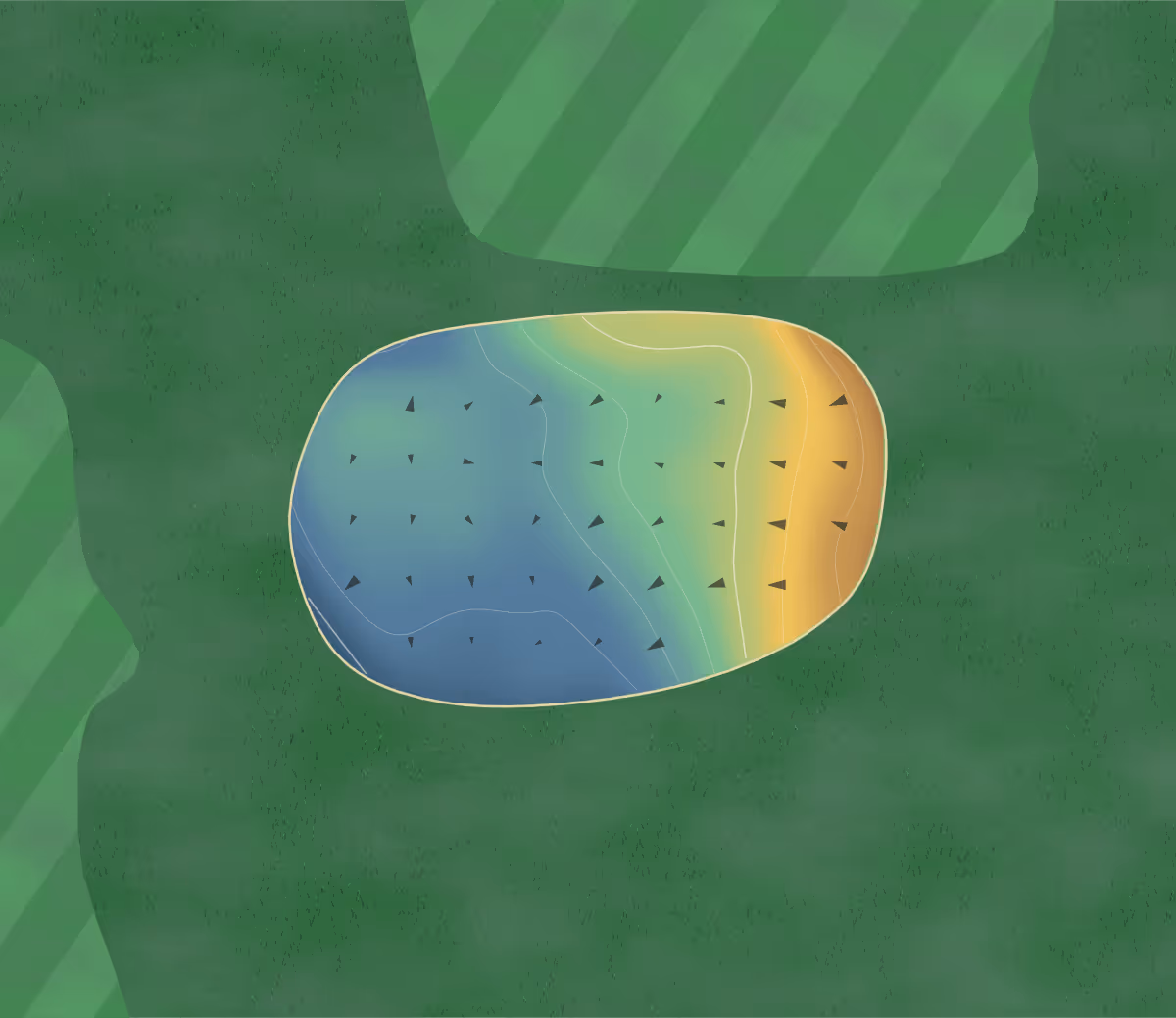 Green contour map of Ponderosa in Bolton, Canada: 17 elevation contours at a 8-centimeter interval with fall-line arrows, traced from 1-meter lidar