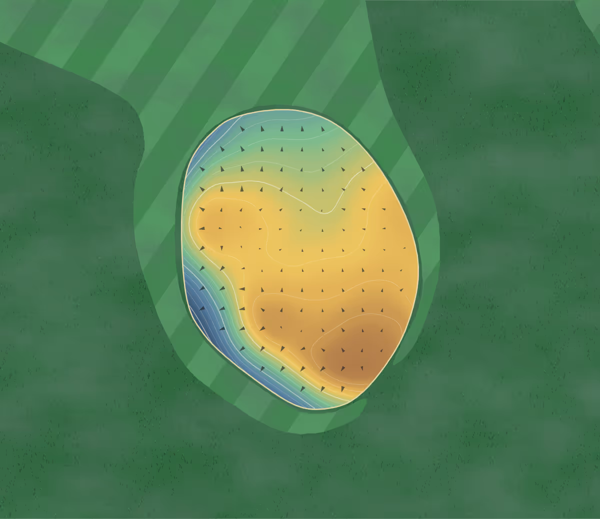 Green contour map of Ponteix in Ponteix, Canada: 86 elevation contours at a 8-centimeter interval with fall-line arrows, traced from 1-meter lidar