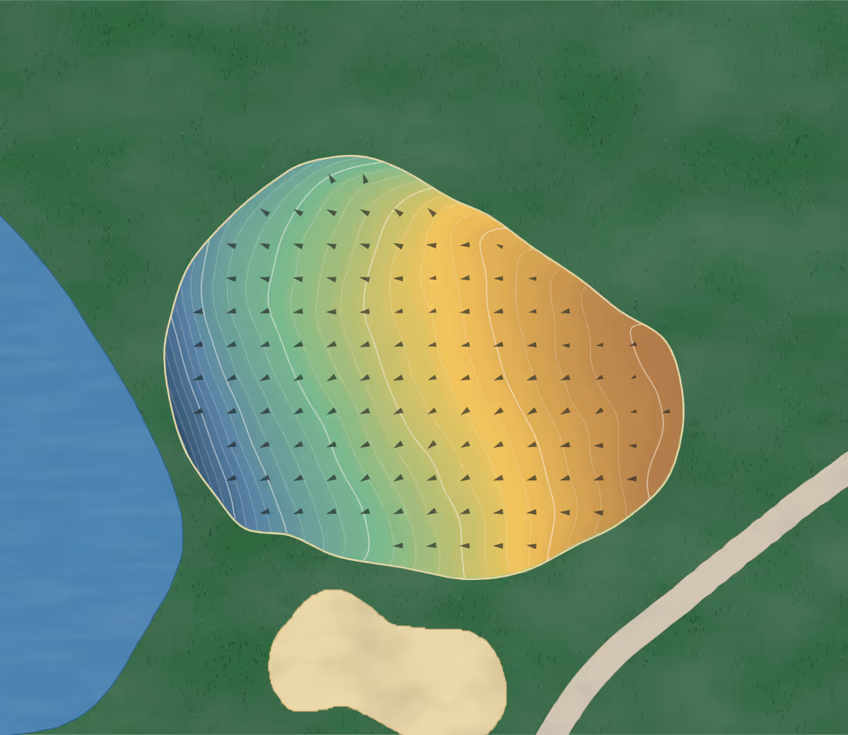 Green contour map of Pontiac Elks Country Club in Pontiac, Illinois — 240 elevation contours at a 3-inch interval with fall-line arrows, traced from 1-meter lidar