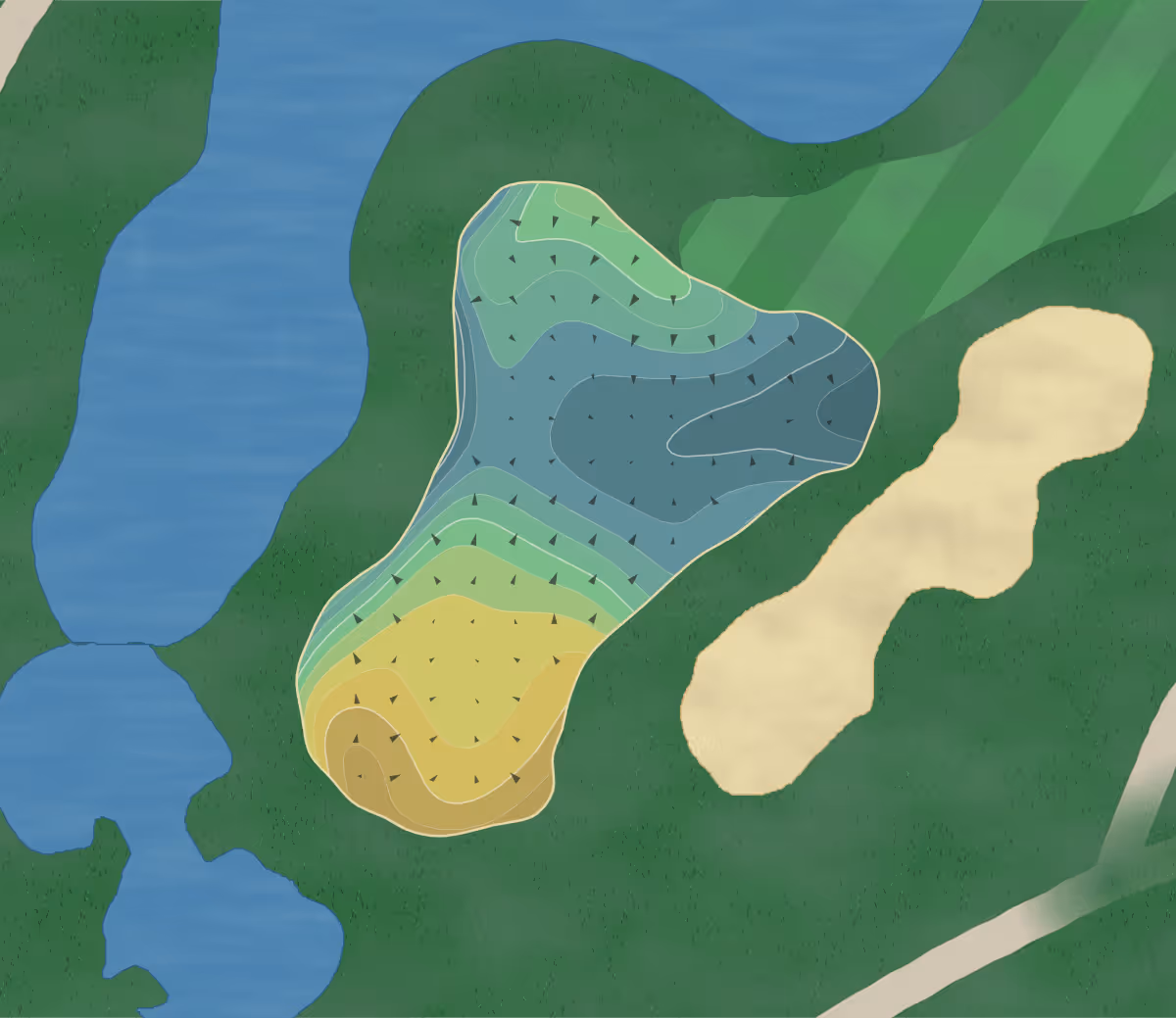 Green contour map of Poplar Creek in San Mateo, California — 180 elevation contours at a 3-inch interval with fall-line arrows, traced from 1-meter lidar