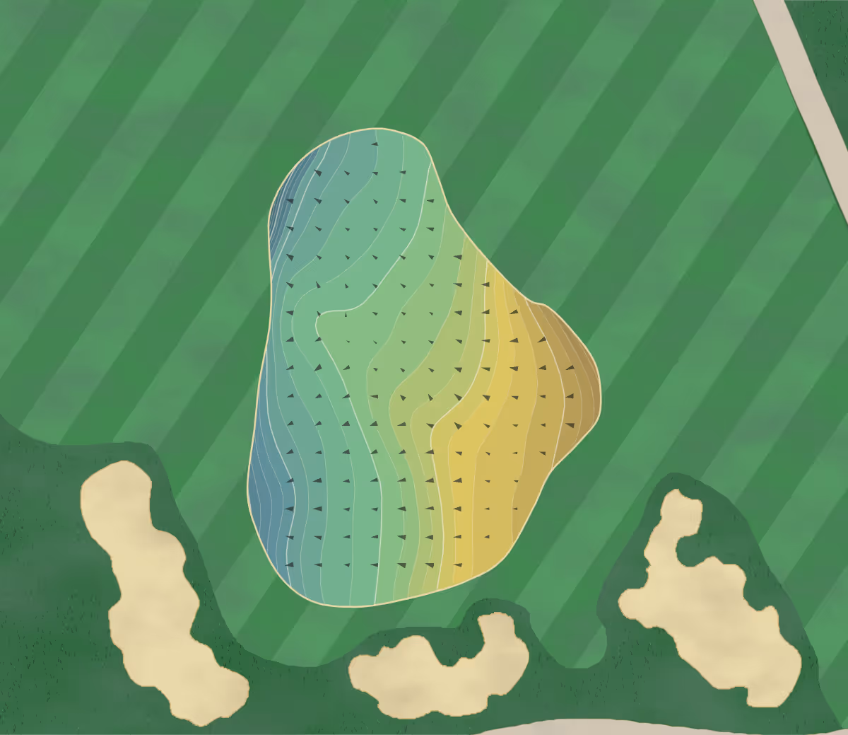 Green contour map of Poppy Hills in Pebble Beach, California — 335 elevation contours at a 3-inch interval with fall-line arrows, traced from 1-meter lidar