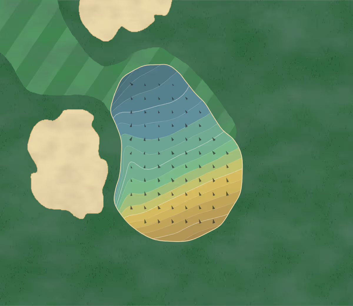 Green contour map of Portage CC in Akron, Ohio — 202 elevation contours at a 3-inch interval with fall-line arrows, traced from 1-meter lidar