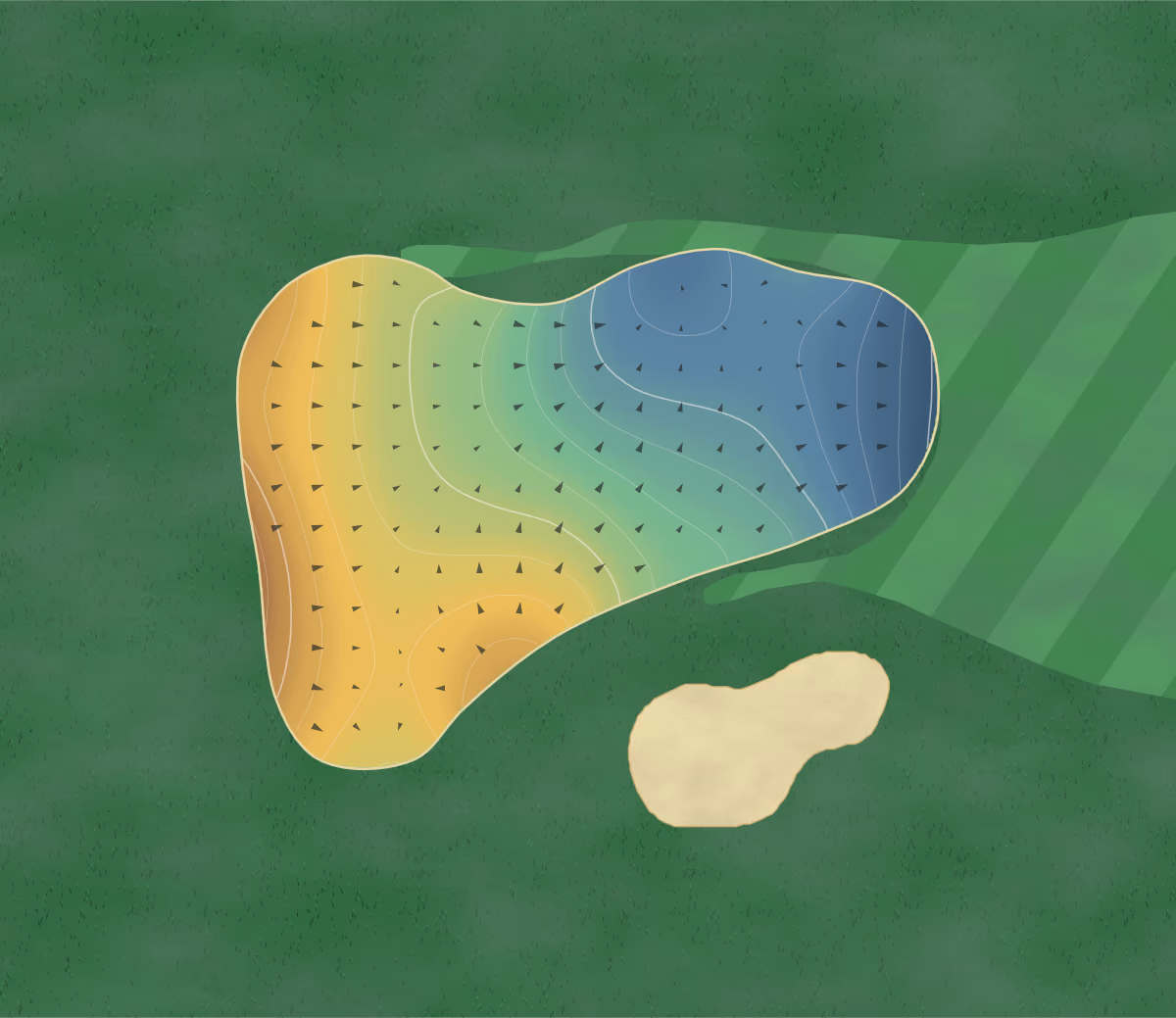 Green contour map of Portarlington GC in Portarlington, Ireland: 125 elevation contours at a 8-centimeter interval with fall-line arrows, traced from 1-meter lidar