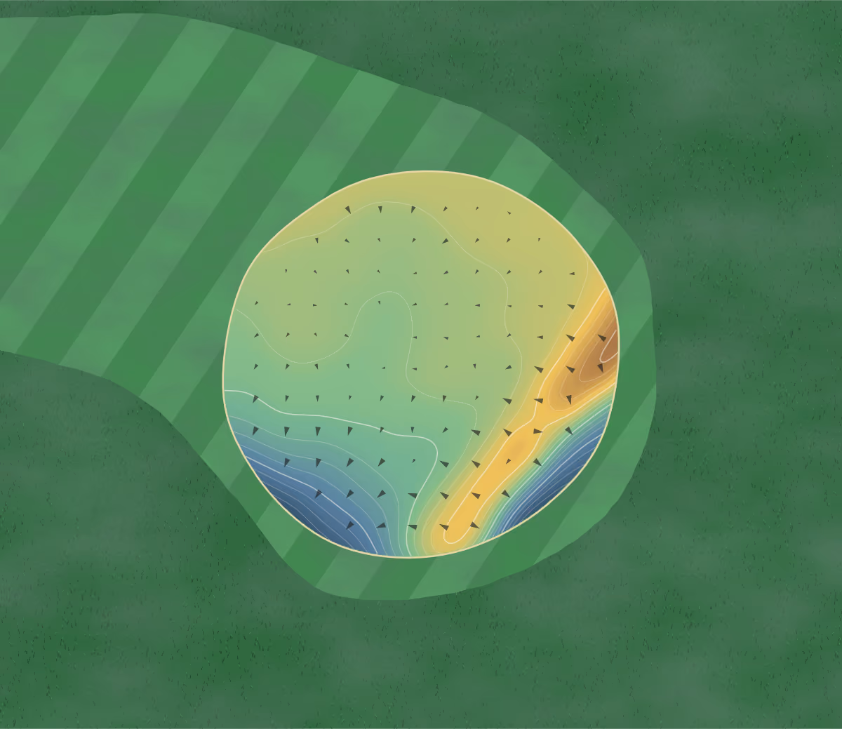 Green contour map of Porthpean in St Austell, England: 254 elevation contours at a 8-centimeter interval with fall-line arrows, traced from 1-meter lidar