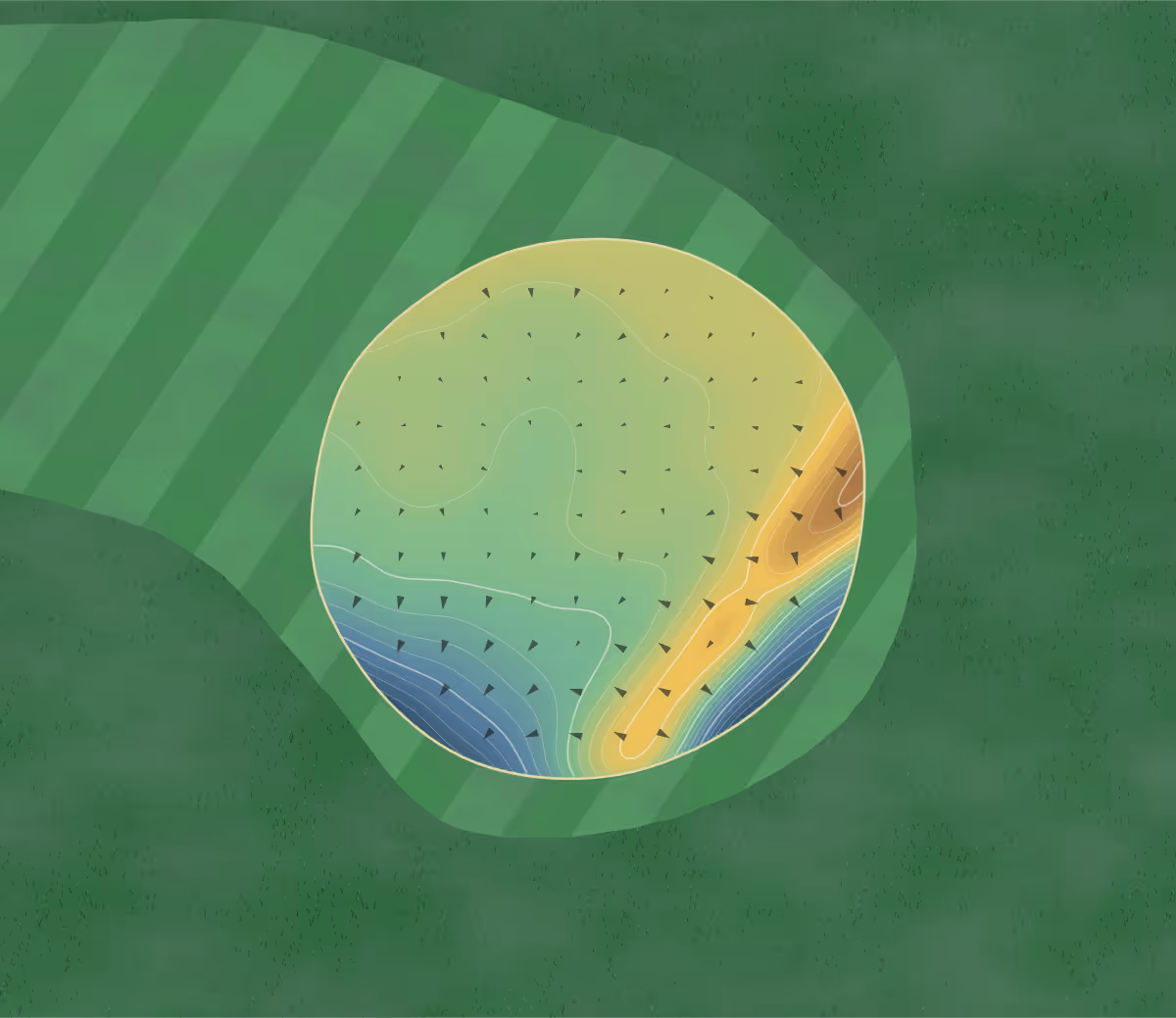Green contour map of Porthpean in St Austell, England — 254 elevation contours at a 8-centimeter interval with fall-line arrows, traced from 1-meter lidar