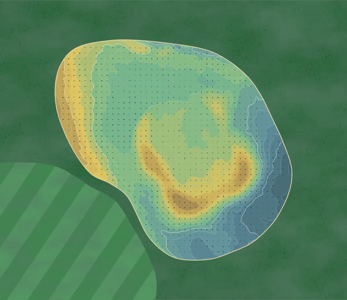 Green contour map of Portlethen in Aberdeen, Scotland — 414 elevation contours at a 8-centimeter interval with fall-line arrows, traced from 1-meter lidar