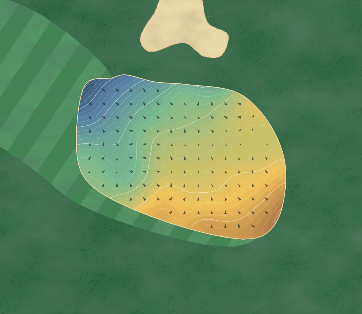 Green contour map of Portmore in Barnstaple, England: 237 elevation contours at a 8-centimeter interval with fall-line arrows, traced from 1-meter lidar