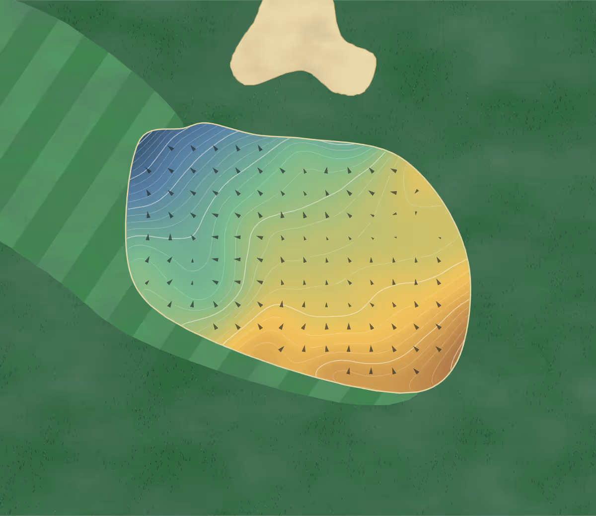 Green contour map of Portmore in Barnstaple, England — 205 elevation contours at a 8-centimeter interval with fall-line arrows, traced from 1-meter lidar