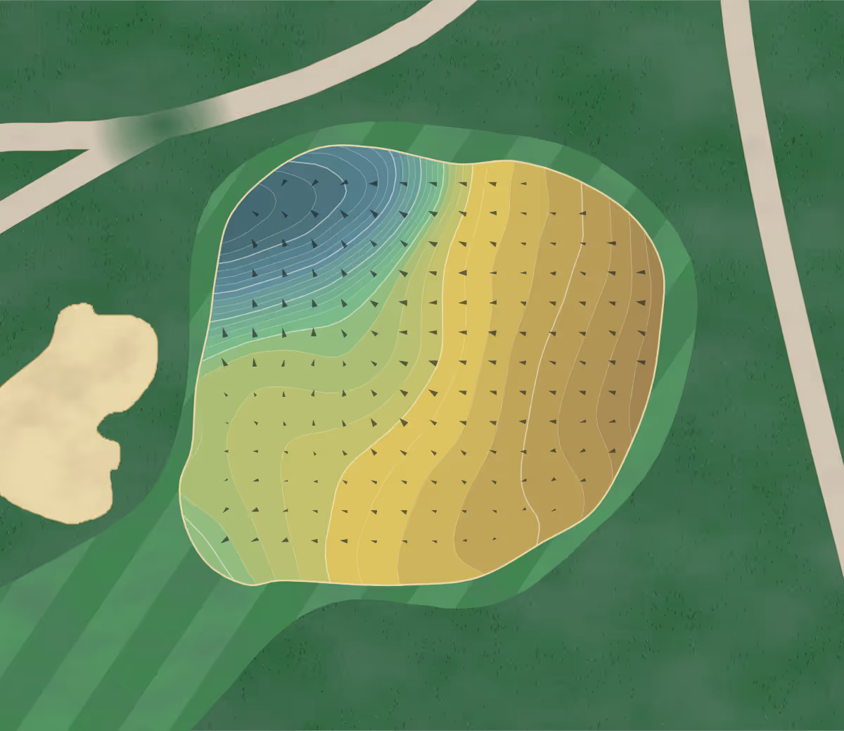 Green contour map of Portsmouth in Greenland, New Hampshire — 182 elevation contours at a 3-inch interval with fall-line arrows, traced from 1-meter lidar