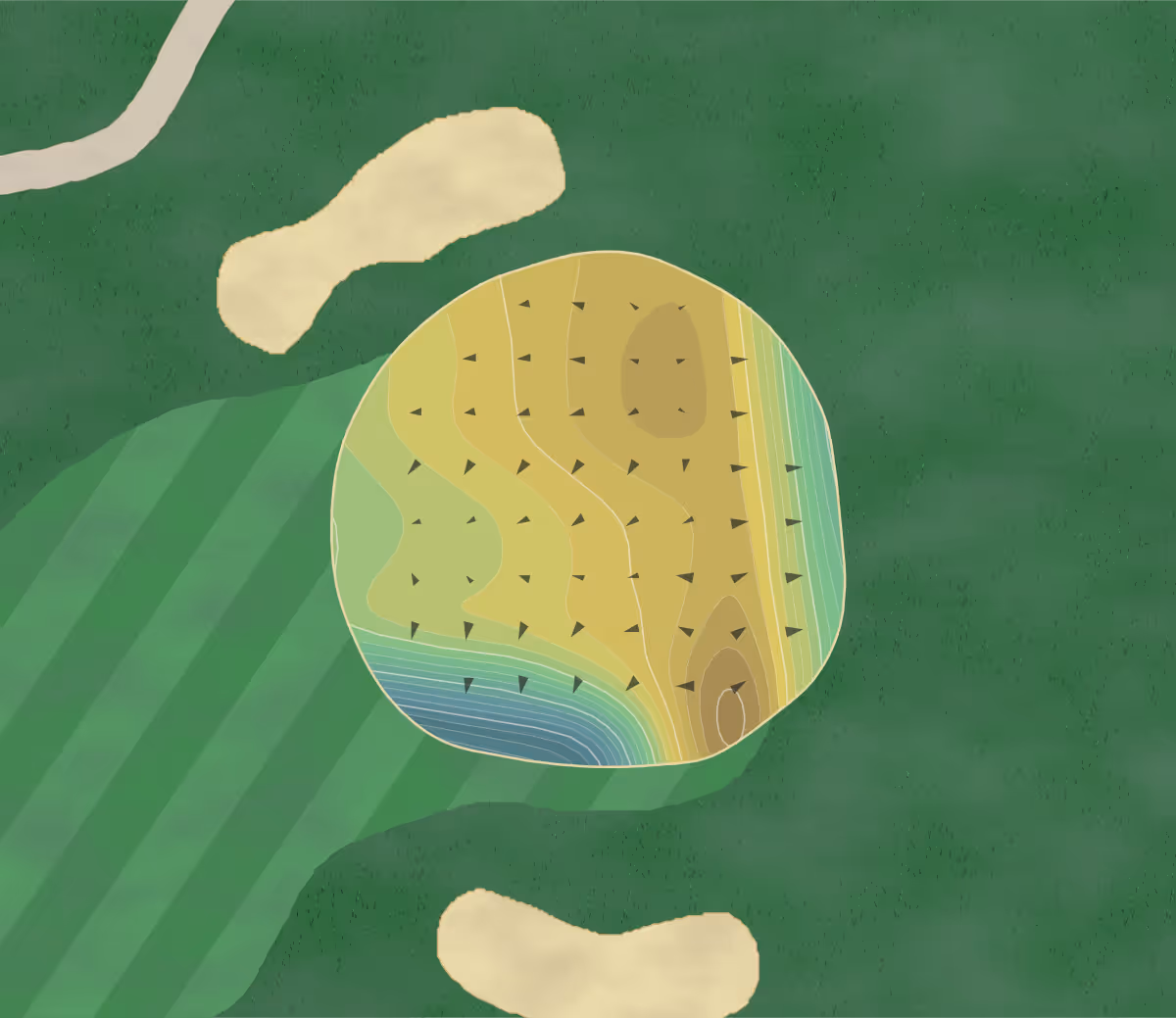 Green contour map of Potowomut GC in East greenwich, Rhode Island — 238 elevation contours at a 3-inch interval with fall-line arrows, traced from 1-meter lidar