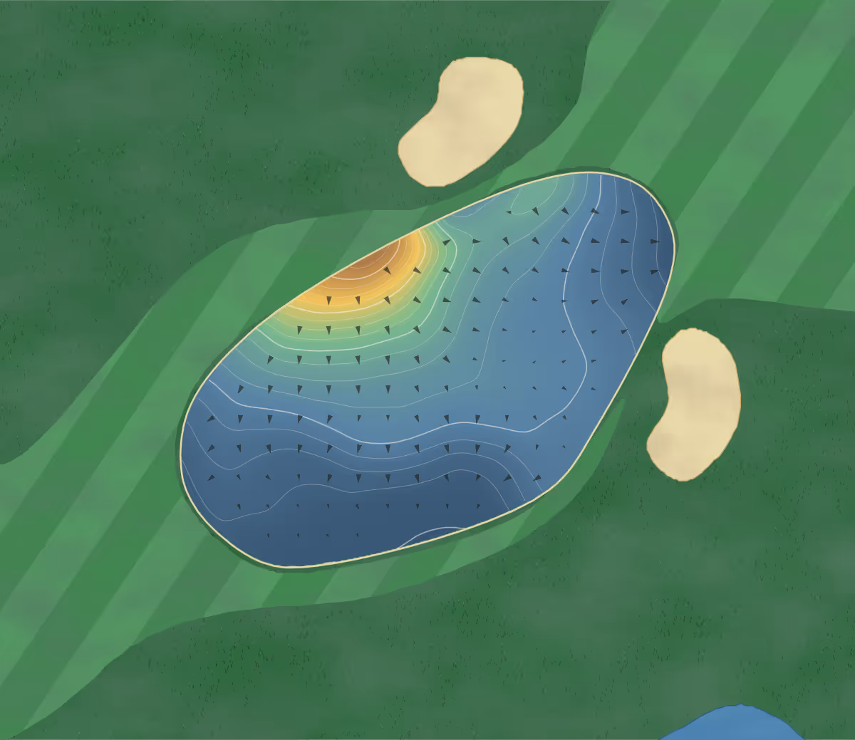 Green contour map of Pott Shrigley in Macclesfield, England: 255 elevation contours at a 8-centimeter interval with fall-line arrows, traced from 1-meter lidar