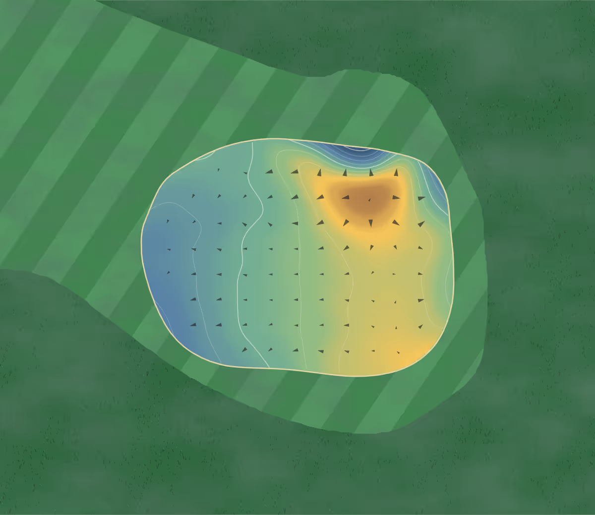 Green contour map of Poult Wood in Tonbridge, England: 177 elevation contours at a 8-centimeter interval with fall-line arrows, traced from 1-meter lidar