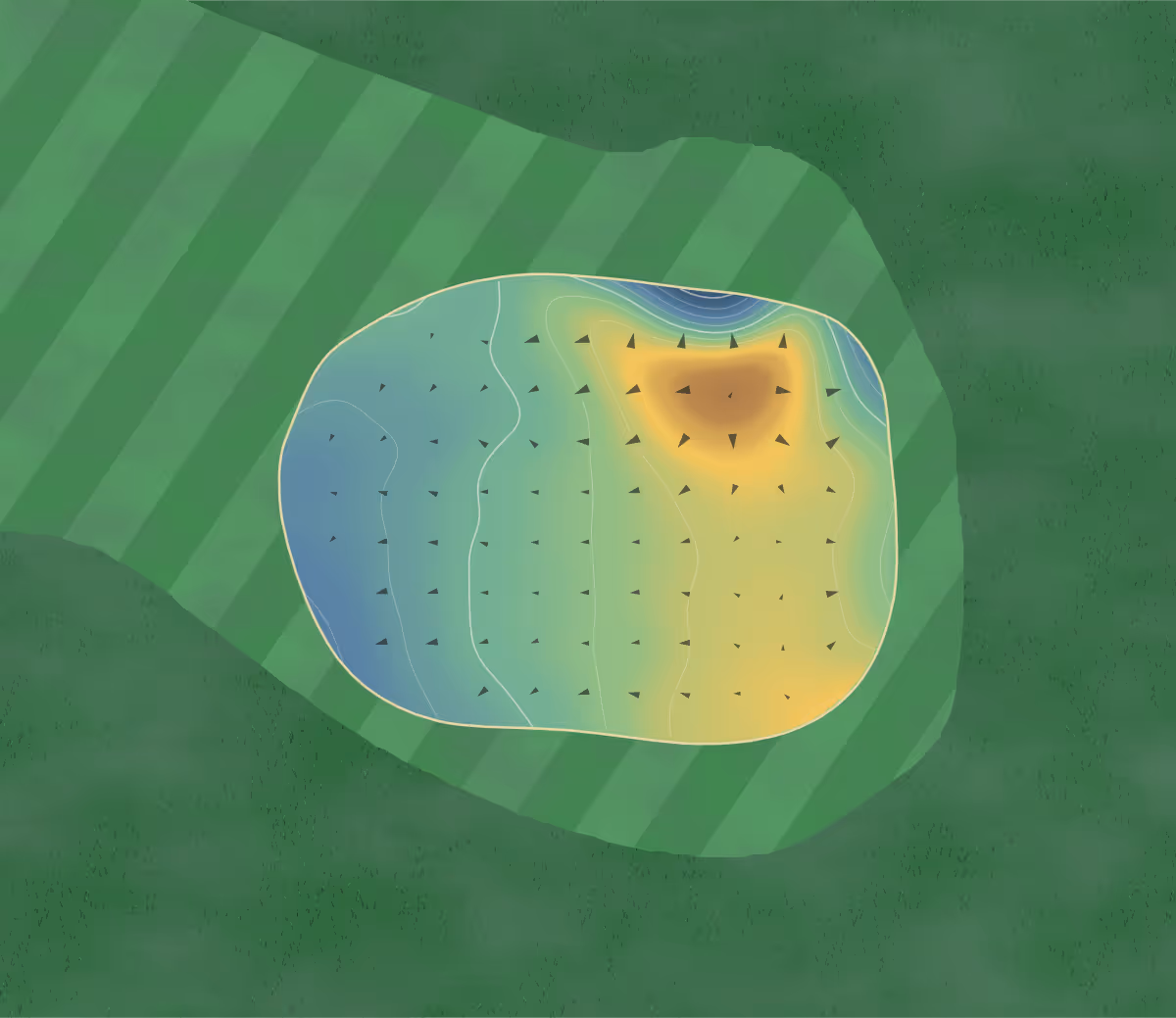 Green contour map of Poult Wood in Tonbridge, England — 177 elevation contours at a 8-centimeter interval with fall-line arrows, traced from 1-meter lidar