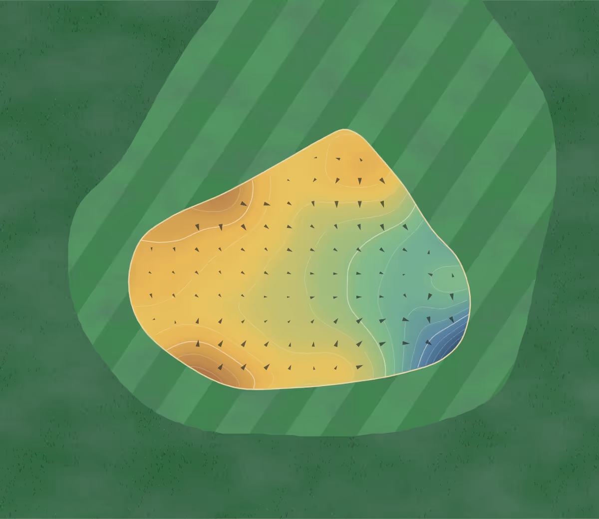 Green contour map of Poult Wood - 9 Hole in Tonbridge, England — 125 elevation contours at a 8-centimeter interval with fall-line arrows, traced from 1-meter lidar