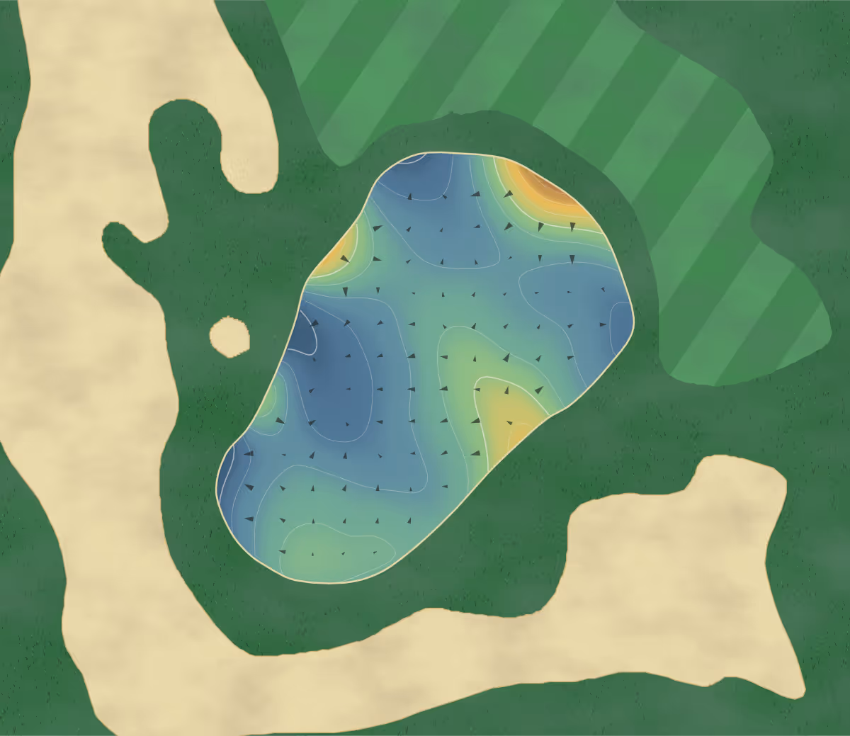 Green contour map of Pound Ridge Golf Club in Pound Ridge, New York — 8 elevation contours at a 3-inch interval with fall-line arrows, traced from 1-meter lidar