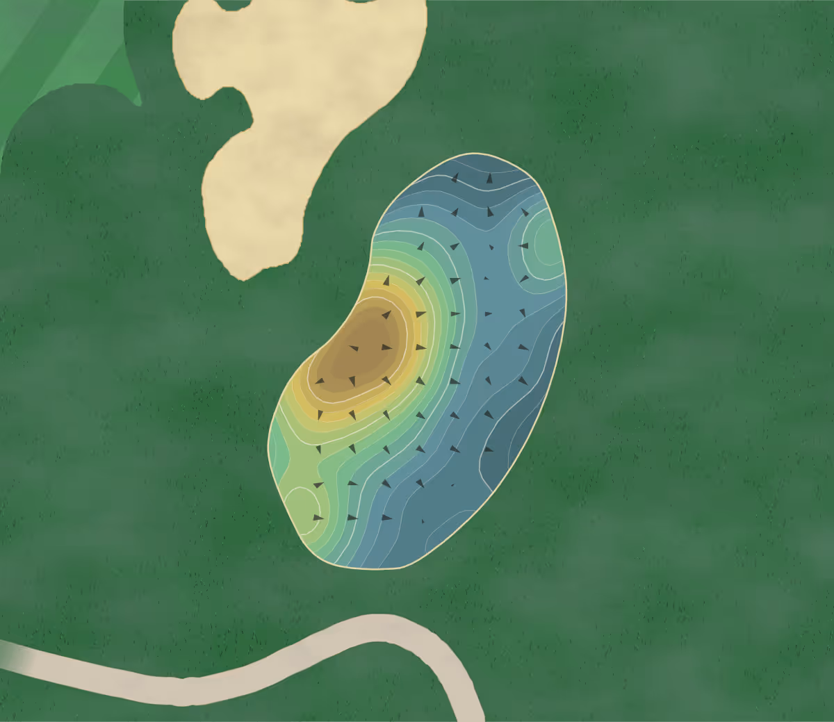 Green contour map of Prairie Dunes in Hutchinson, Kansas — 396 elevation contours at a 3-inch interval with fall-line arrows, traced from 1-meter lidar
