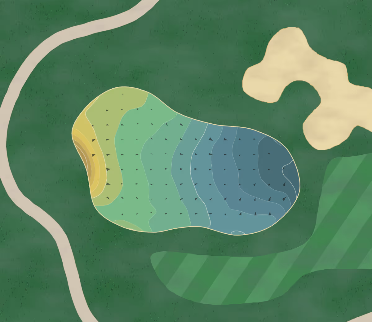 Green contour map of Prairie Green in Sioux Falls, South Dakota — 187 elevation contours at a 3-inch interval with fall-line arrows, traced from 1-meter lidar