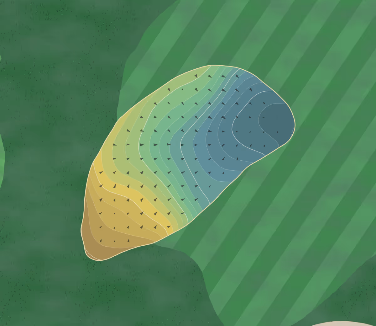 Green contour map of Prairie Landing in West Chicago, Illinois — 411 elevation contours at a 3-inch interval with fall-line arrows, traced from 1-meter lidar