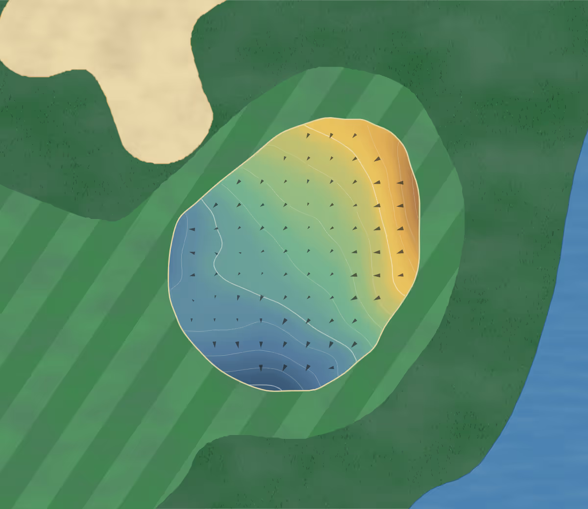 Green contour map of Prairiewood in Fargo, North Dakota — 81 elevation contours at a 3-inch interval with fall-line arrows, traced from 1-meter lidar
