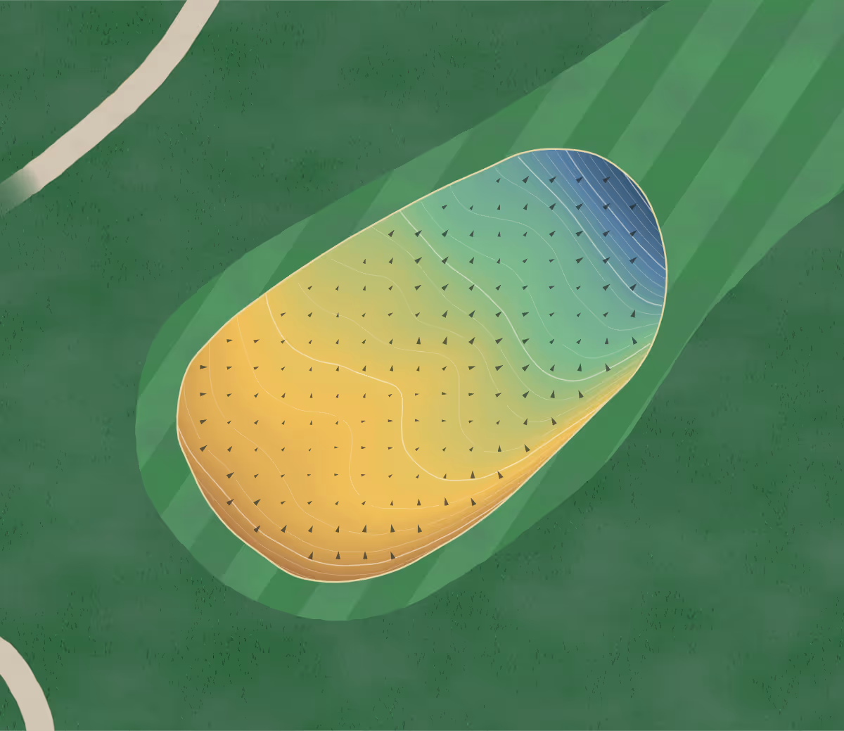 Green contour map of Predator Ridge in Vernon, Canada: 110 elevation contours at a 8-centimeter interval with fall-line arrows, traced from 1-meter lidar