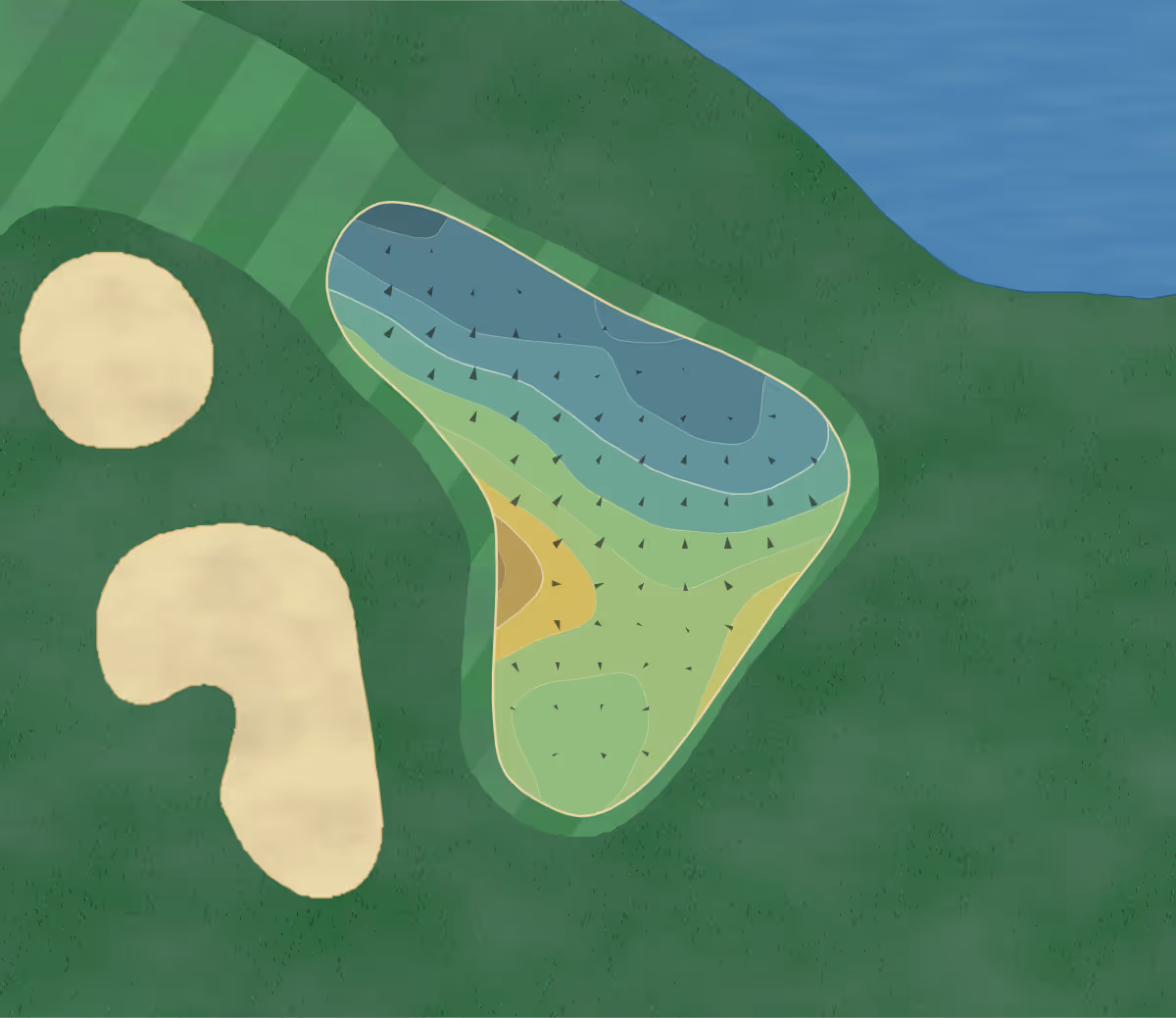 Green contour map of Oak Meadows in Addison, Illinois — 53 elevation contours at a 3-inch interval with fall-line arrows, traced from 1-meter lidar