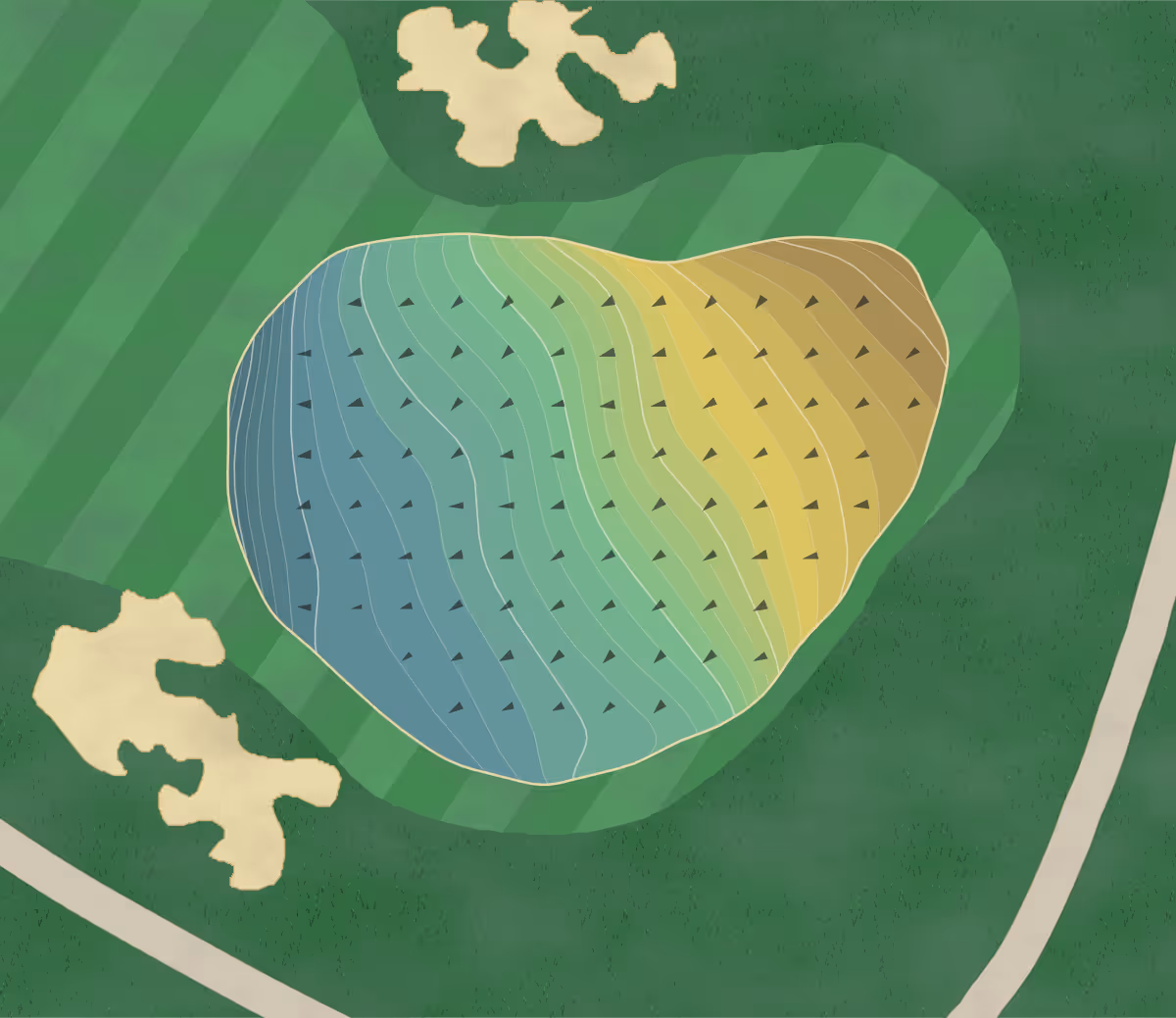 Green contour map of Presidio in San Francisco, California — 293 elevation contours at a 3-inch interval with fall-line arrows, traced from 1-meter lidar
