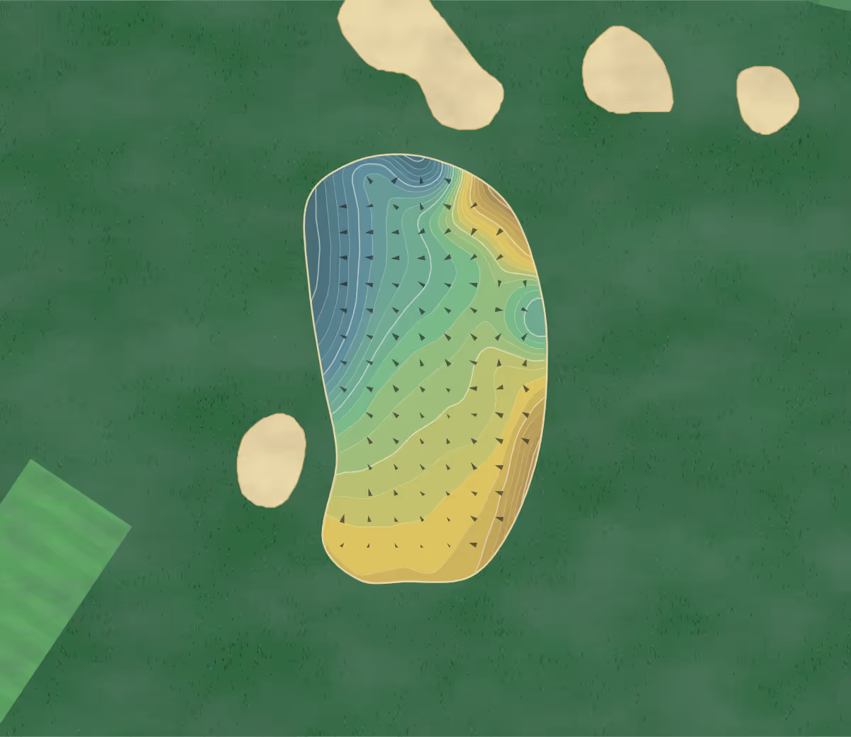 Green contour map of Prestbury GC in Macclesfield, England — 372 elevation contours at a 8-centimeter interval with fall-line arrows, traced from 1-meter lidar