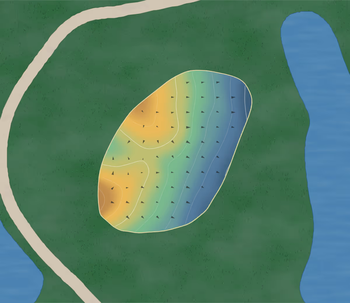 Green contour map of Prestbury in Prestbury, Illinois — 135 elevation contours at a 3-inch interval with fall-line arrows, traced from 1-meter lidar