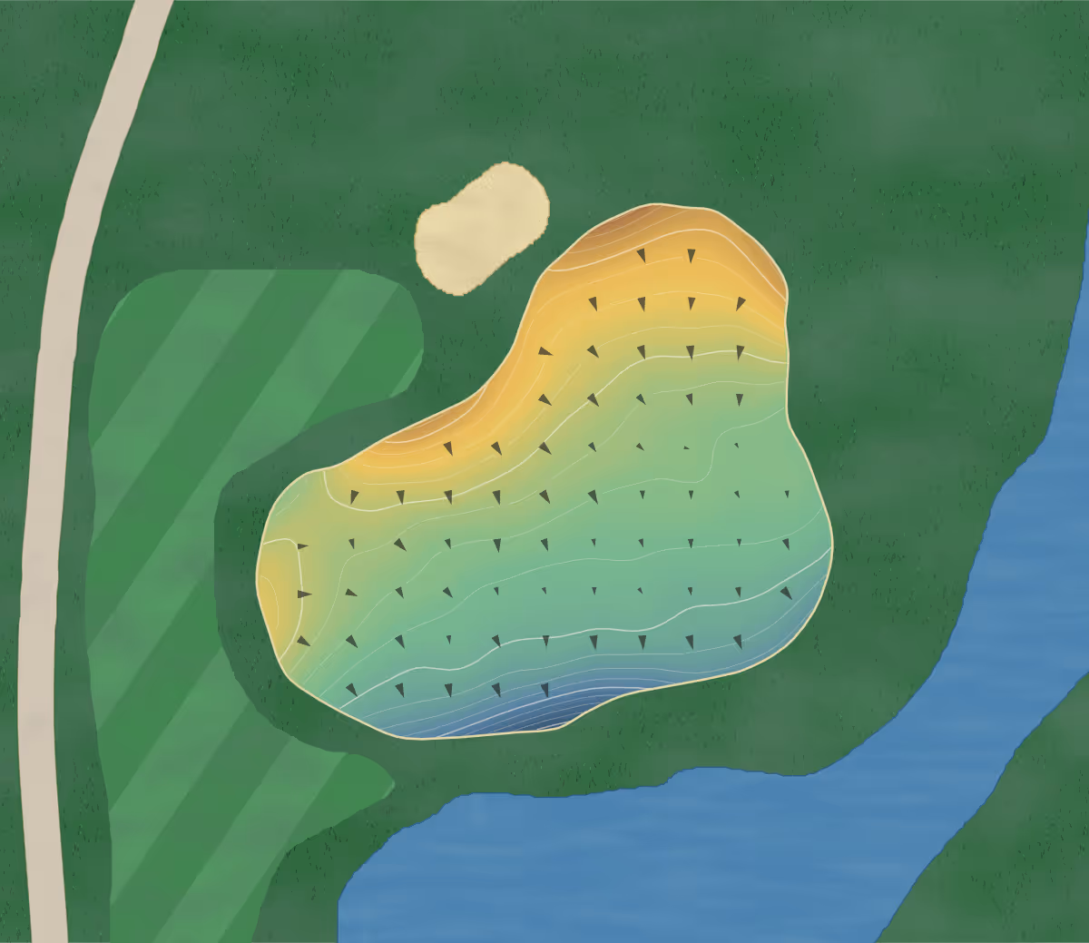 Green contour map of Preston Club in Texas, United States — 181 elevation contours at a 3-inch interval with fall-line arrows, traced from 1-meter lidar
