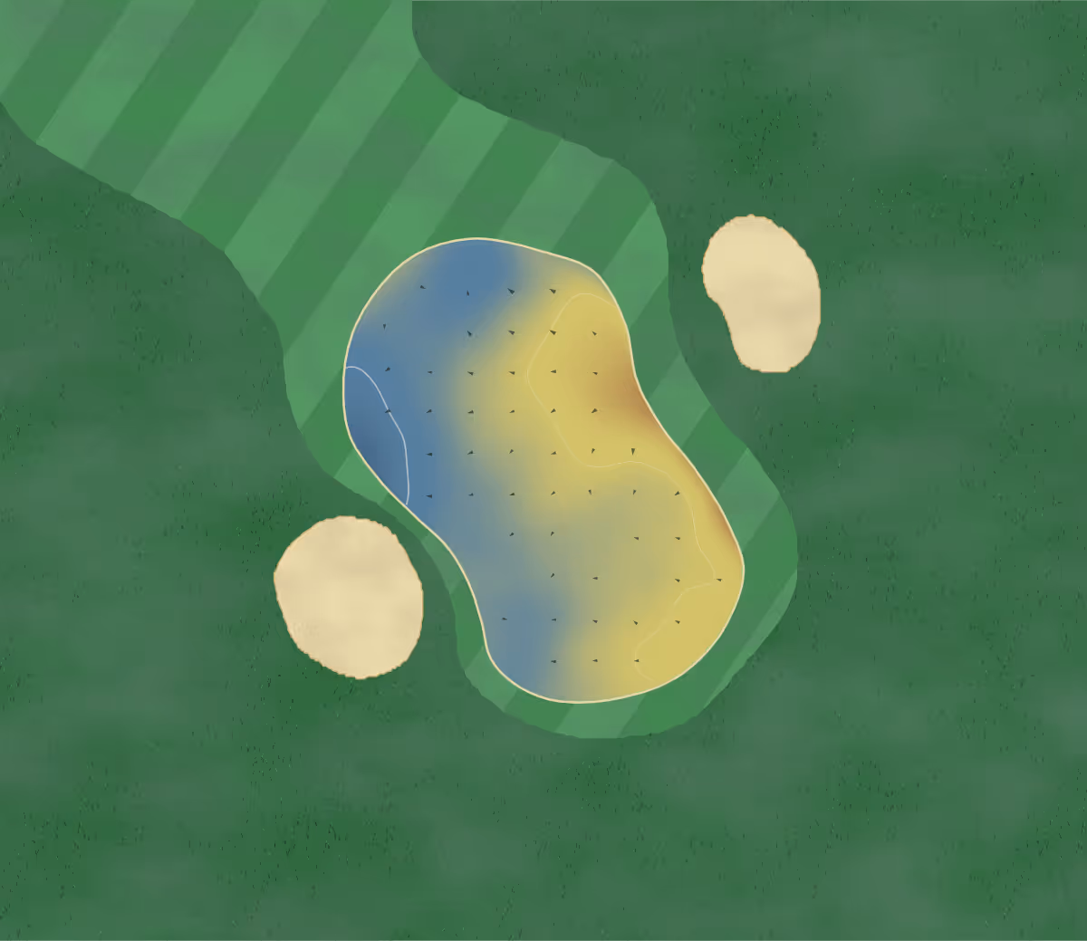 Green contour map of Prestwich in Manchester, England — 2 elevation contours at a 8-centimeter interval with fall-line arrows, traced from 1-meter lidar