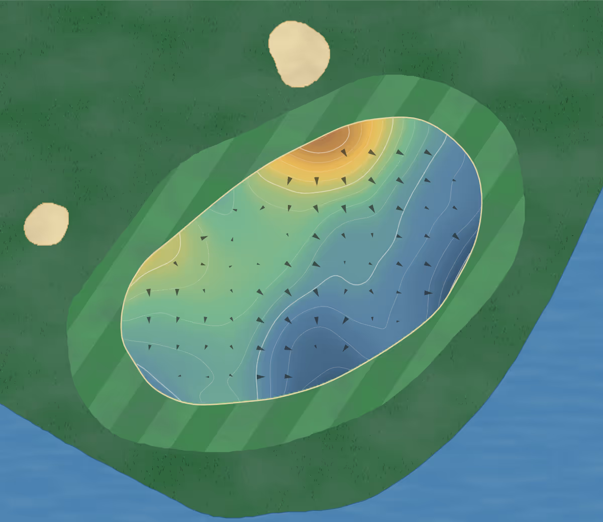 Green contour map of Prestwick in Myrtle Beach, South Carolina — 152 elevation contours at a 3-inch interval with fall-line arrows, traced from 1-meter lidar