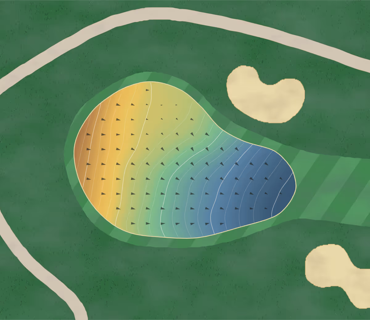 Green contour map of Prestwick in Woodbury, Minnesota: 185 elevation contours at a 3-inch interval with fall-line arrows, traced from 1-meter lidar