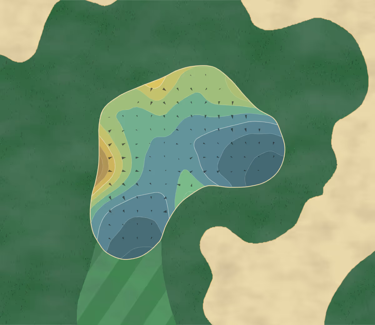 Green contour map of Prestwick Village in Highland, Michigan — 218 elevation contours at a 3-inch interval with fall-line arrows, traced from 1-meter lidar