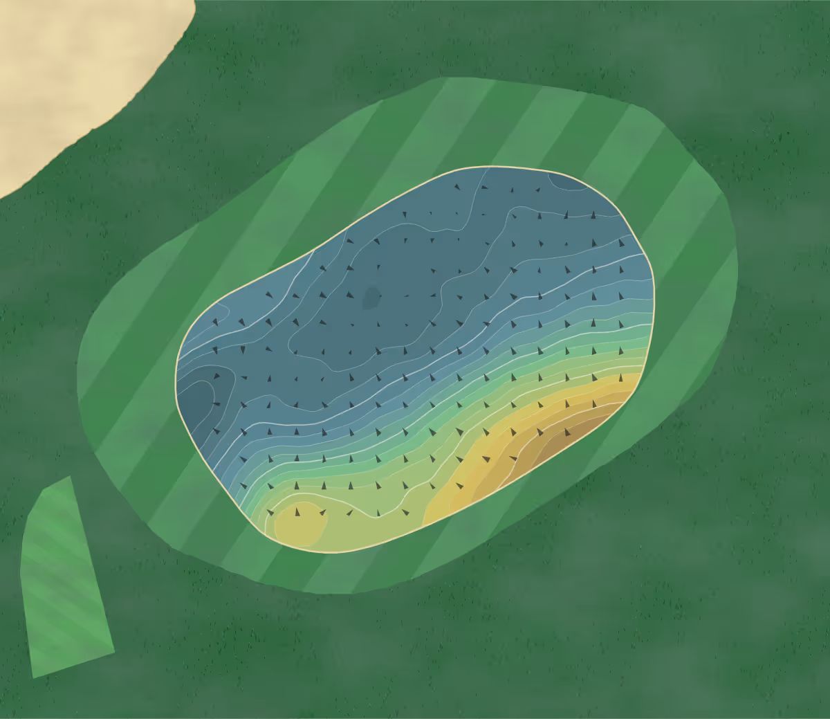 Green contour map of Prestwick in Prestwick, Scotland — 225 elevation contours at a 8-centimeter interval with fall-line arrows, traced from 1-meter lidar