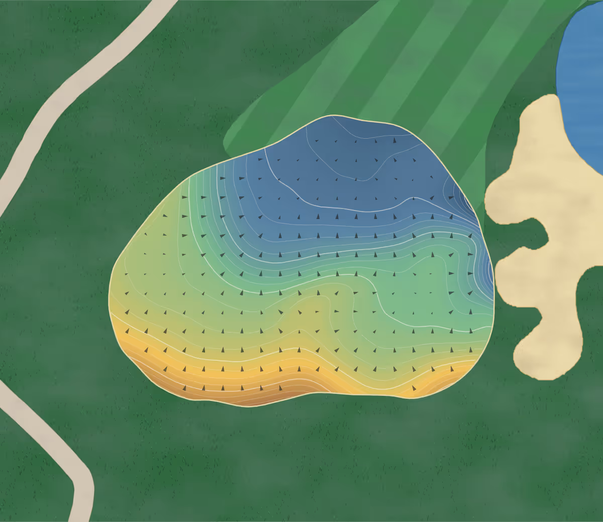 Green contour map of Priddis Greens Hawk in Priddis Greens, Canada — 271 elevation contours at a 8-centimeter interval with fall-line arrows, traced from 1-meter lidar