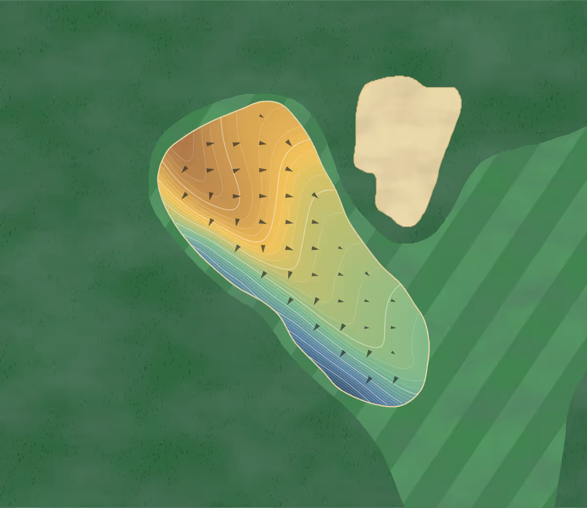 Green contour map of Princeville Golf Club in Princeville, Hawaii — 332 elevation contours at a 3-inch interval with fall-line arrows, traced from 1-meter lidar