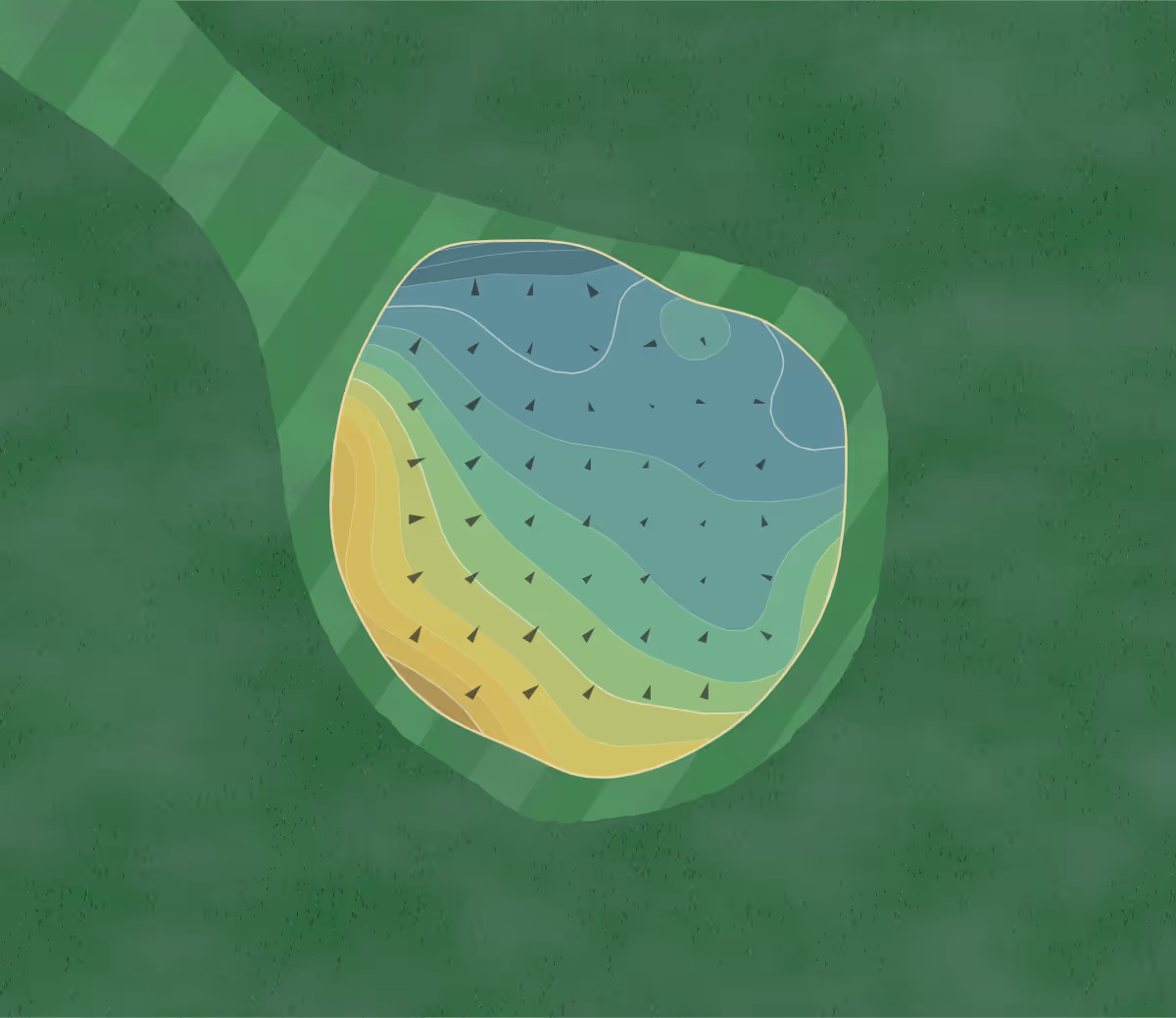 Green contour map of Providence Golf in Monroe, Georgia — 184 elevation contours at a 3-inch interval with fall-line arrows, traced from 1-meter lidar