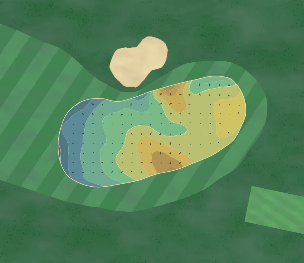 Green contour map of Pryors Hayes in Tarvin, England — 117 elevation contours at a 8-centimeter interval with fall-line arrows, traced from 1-meter lidar