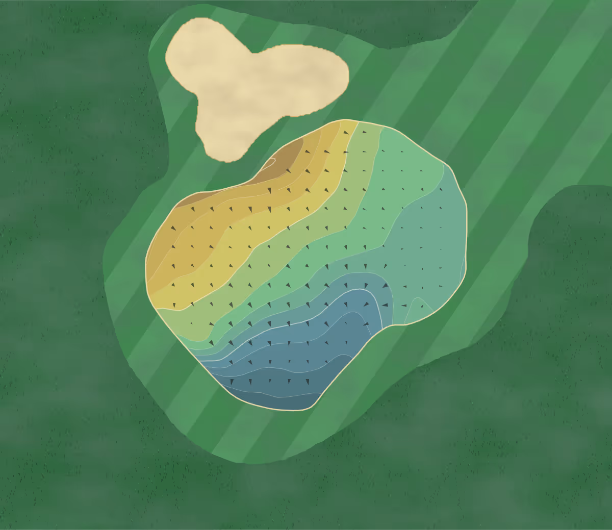 Green contour map of Pumpherston in West Lothian, Scotland — 161 elevation contours at a 8-centimeter interval with fall-line arrows, traced from 1-meter lidar